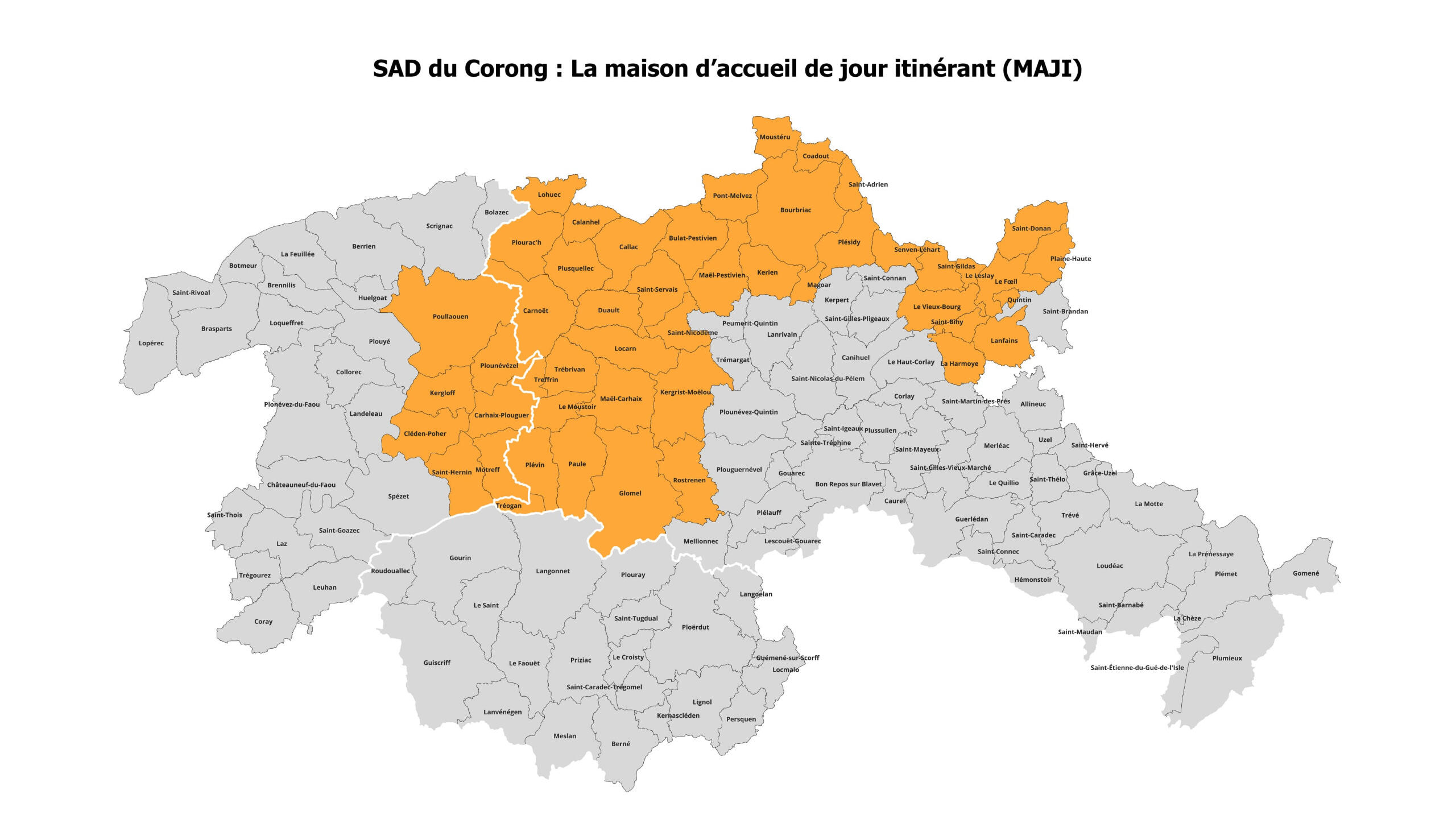 Vue détaillée des communautés de communes centrée autour de Carhaix-Plouguer, avec un réseau étendu dans le Poher.