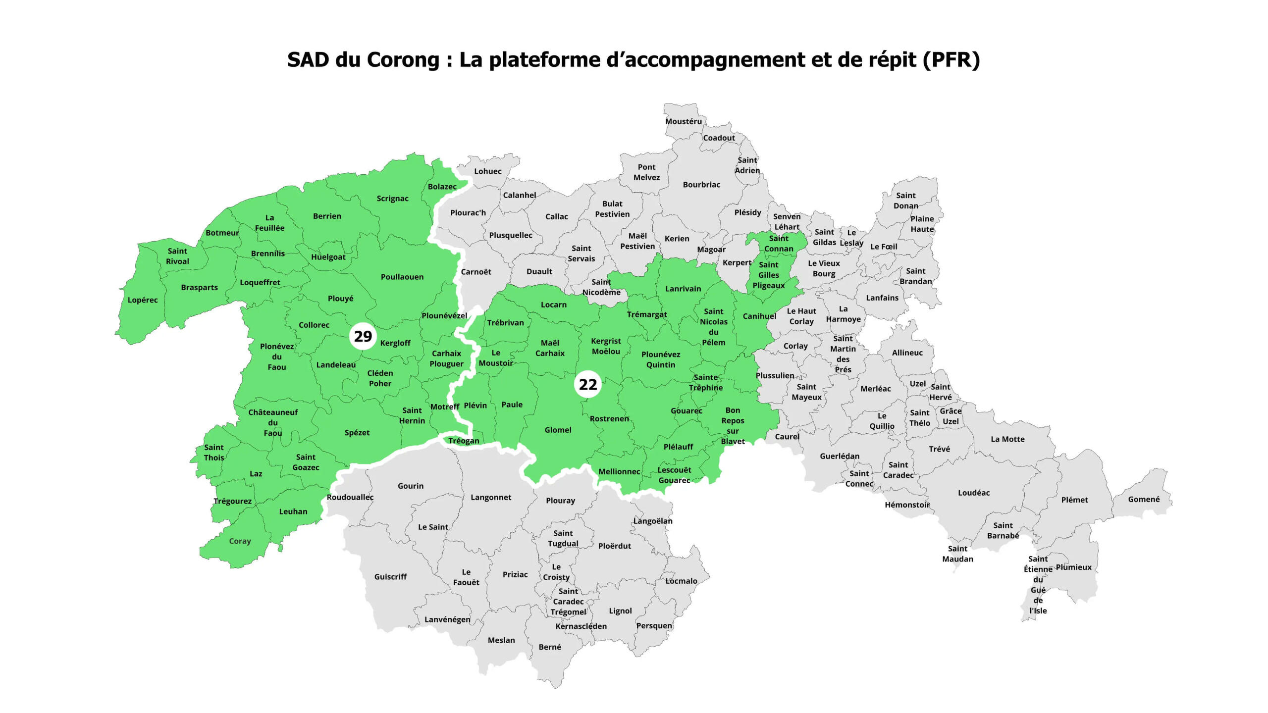 Vue détaillée des communautés de communes centrée autour de Carhaix-Plouguer, avec un réseau étendu dans le Poher.